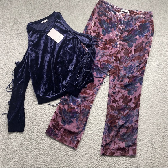 UO Burnout Velvet Pants Women 2 Purple Floral Whimsy Goth Fairy Grunge Autumn - Picture 1 of 13